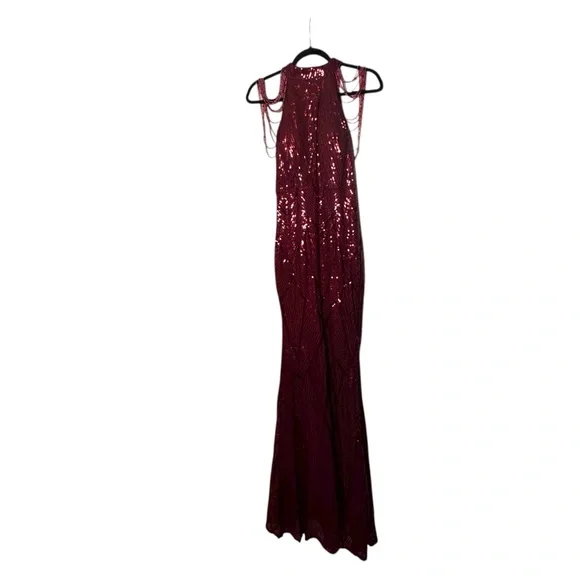 NWOT Miss Ord Burgundy Sequin Halter with Beads Floor Length Dress Size Medium - Picture 4 of 12